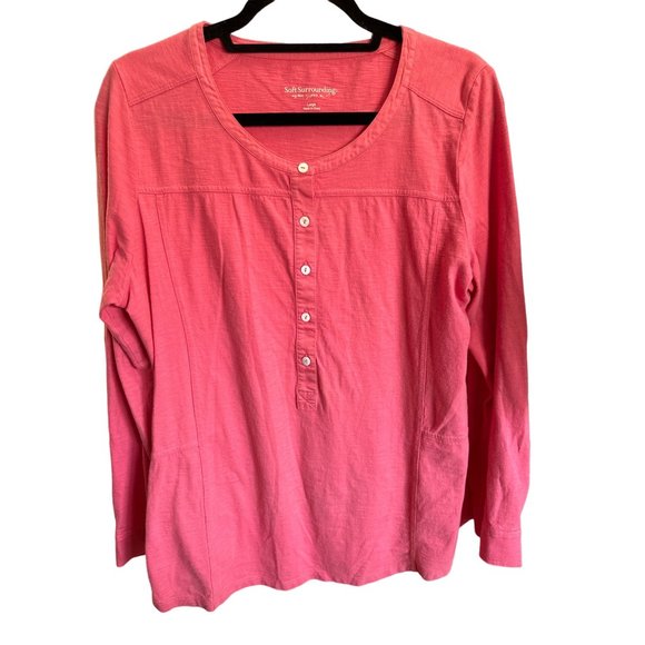 Soft Surroundings size L pink roll tab long sleeve 5 button Henley style top - Picture 1 of 5